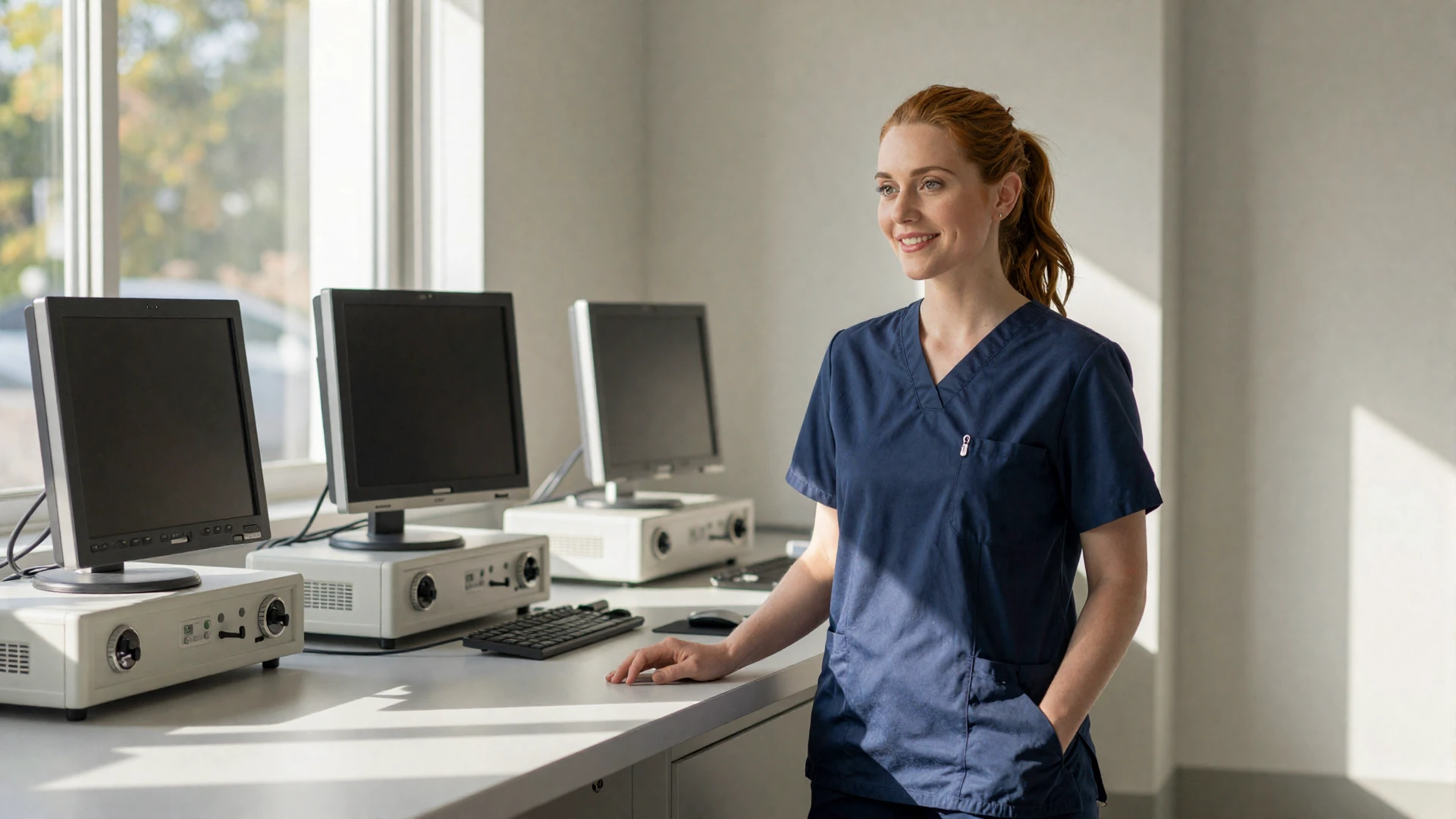 Female nurse in modern scrubs at a bright hospital nurses station during morning shift