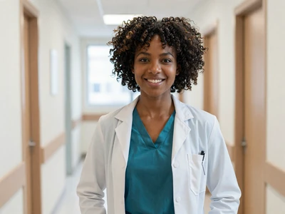 Female pediatrician smiling in a modern clinic hallway