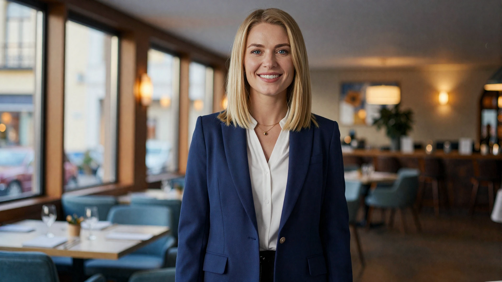 Female gastroenterologist in a navy blazer at an upscale restaurant after work