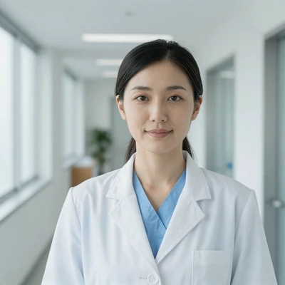 Asian female doctor in a white lab coat in a bright clinic hallway