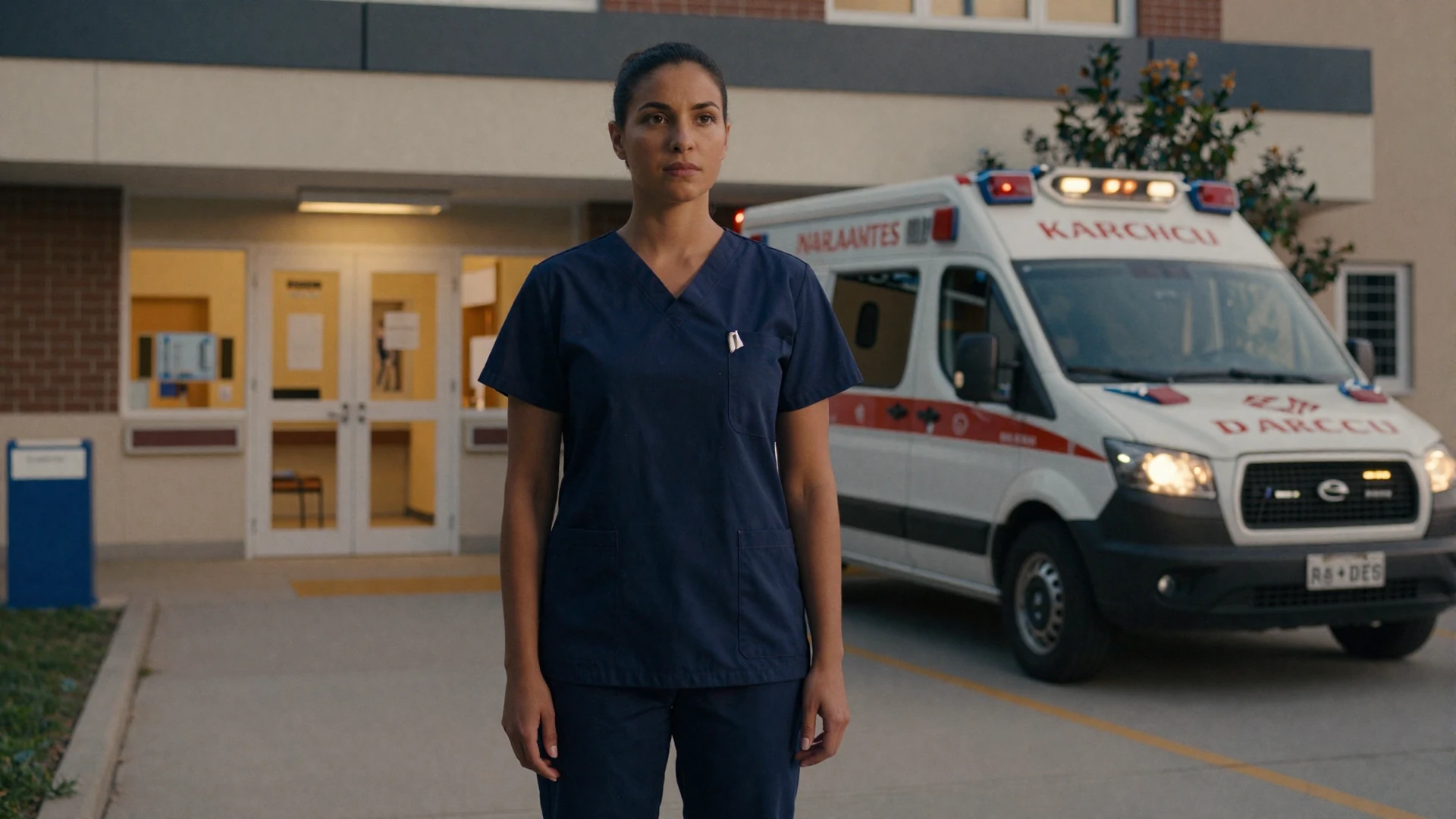 Female ER doctor standing at a hospital emergency department entrance at dusk