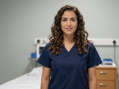 Mixed-ethnicity female emergency nurse in dark blue scrubs in an ER