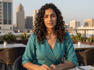 Woman in a teal dress at a rooftop restaurant with city skyline