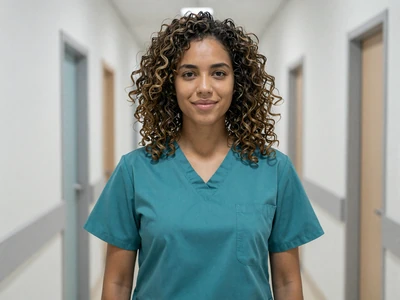 Mixed-ethnicity woman in teal scrubs in a bright modern clinic hallway