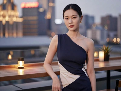 Asian woman in a modern dress at a city rooftop bar