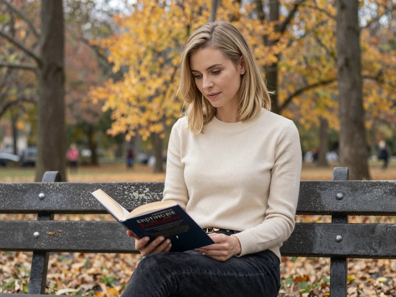 Young blonde woman reading a non-fiction book in an autumn park