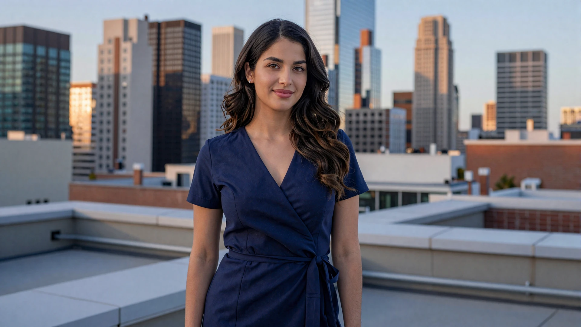 Female pulmonologist in a navy dress standing on a city rooftop at golden hour