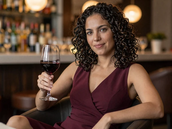 Female obstetrician relaxing with wine at an upscale restaurant after work