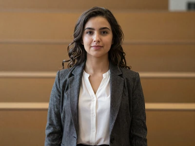 Woman in a blazer at a university lecture hall