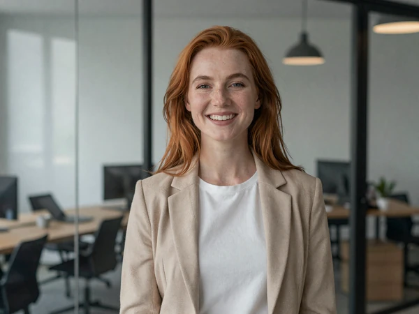 Professional woman smiling in a modern office environment