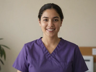 Latina female LPN in purple scrubs at a care facility
