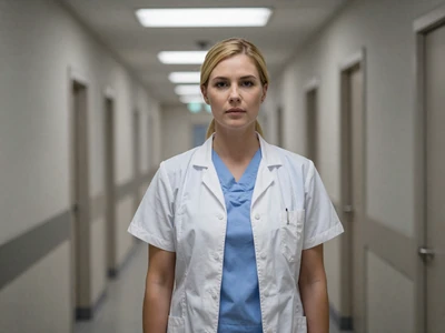 Female anesthesiologist in an OR hallway