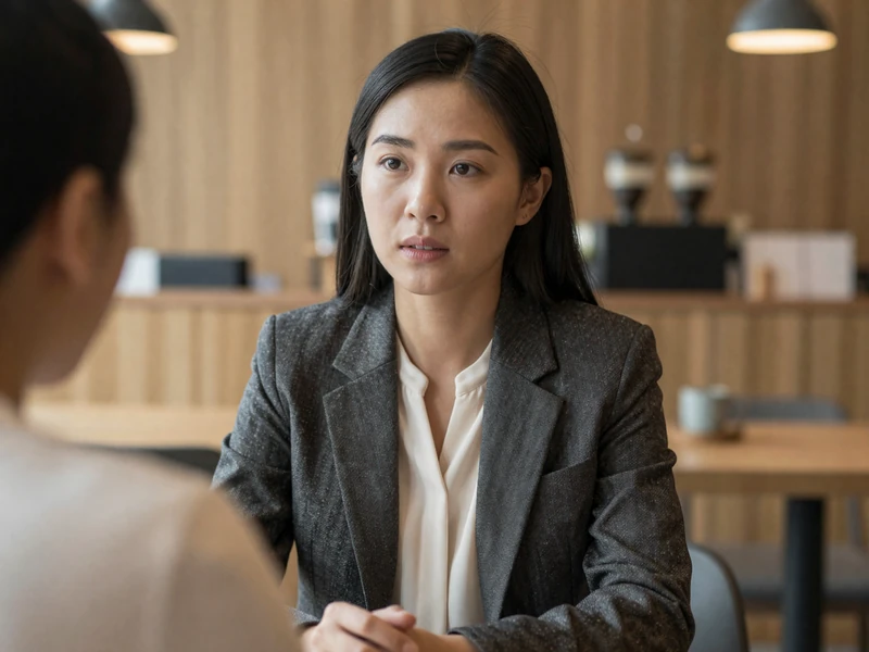 Asian woman in a smart blazer having a serious conversation at a modern coffee shop