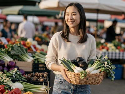 Asian woman in casual outfit enjoying a weekend farmers market