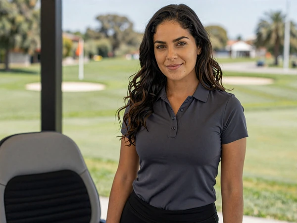 Woman in athletic-casual attire at a golf course clubhouse terrace