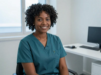 Female urologist in teal scrubs sitting in a bright modern clinic office