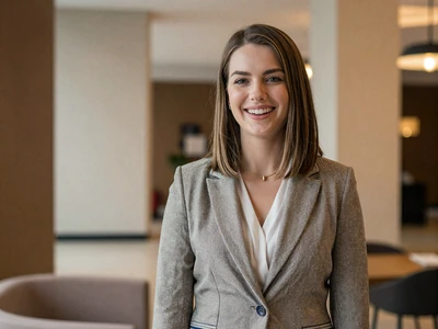 Woman in an elegant blazer at a business hotel lobby