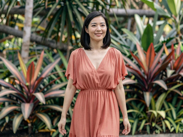 Woman in a summer dress walking through a botanical garden on a sunny day