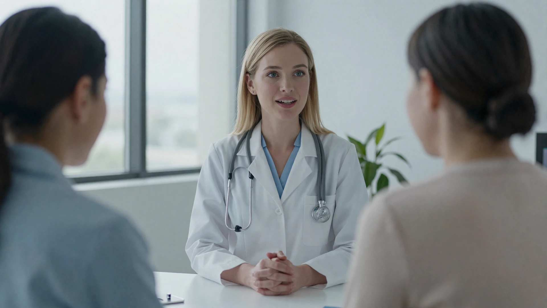 Female doctor in a white lab coat talking with a patient in a bright modern medical office