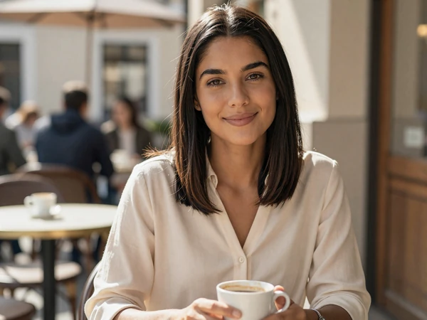 Female otolaryngologist enjoying coffee at an outdoor cafe in the morning