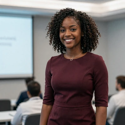 Black woman in an elegant burgundy dress at a medical conference