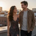 Happy couple smiling together on a city rooftop at sunset