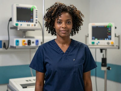 Black female critical care nurse in navy scrubs in an ICU setting