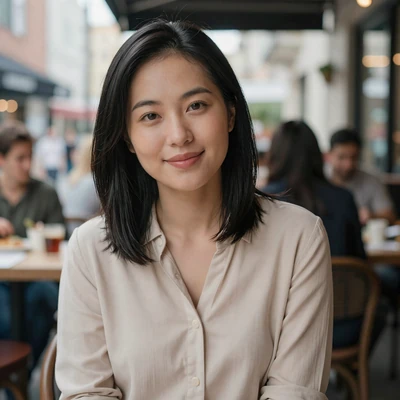 Woman in casual-chic attire at a city brunch spot