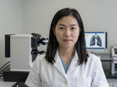 Asian female pulmonologist near a pulmonary function lab
