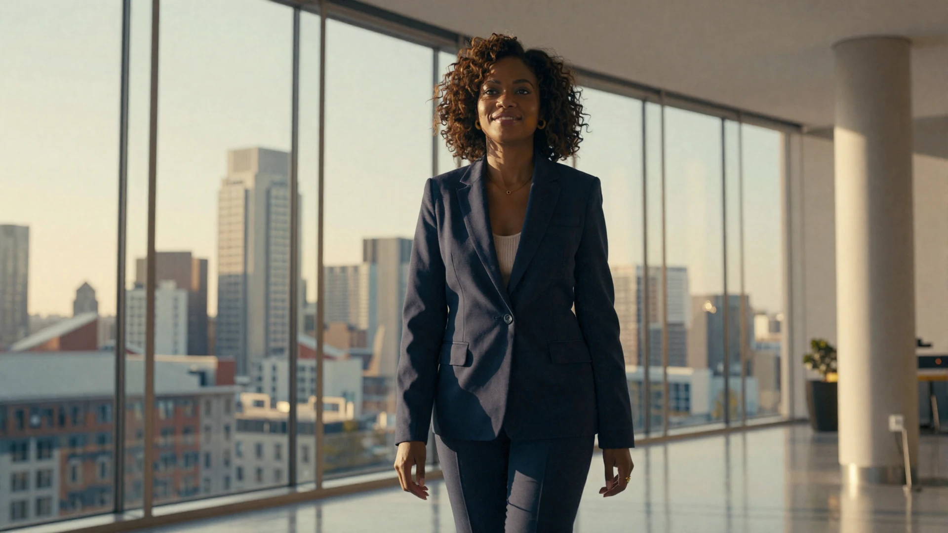 Confident female physician smiling in a modern glass-walled lobby overlooking the city at golden hour