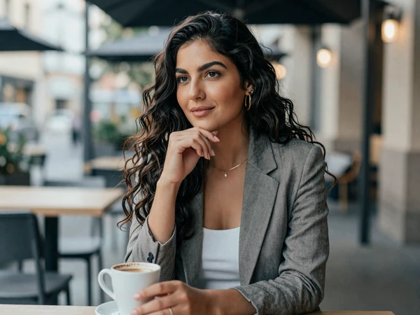 Latina woman in smart casual attire enjoying coffee at a modern outdoor cafe