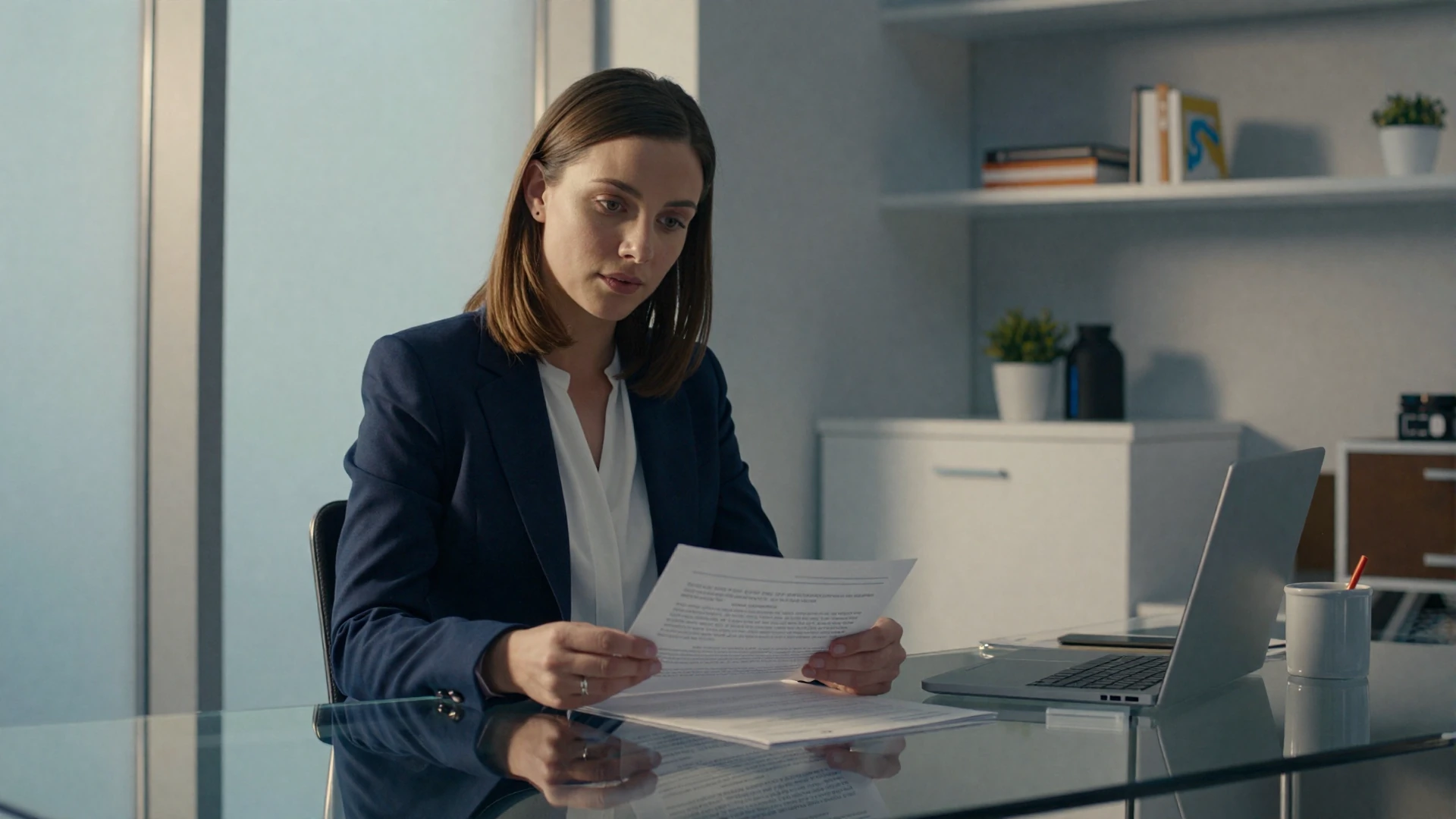 Female internist in a navy blazer reviewing charts at a modern clinic desk by a window