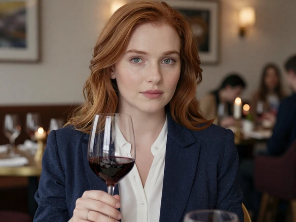 Female physical therapist in an elegant blazer enjoying wine at a premium restaurant