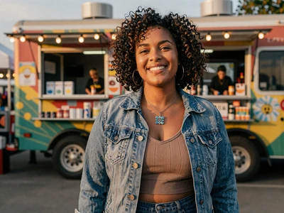 Woman in casual chic at a food truck festival with string lights