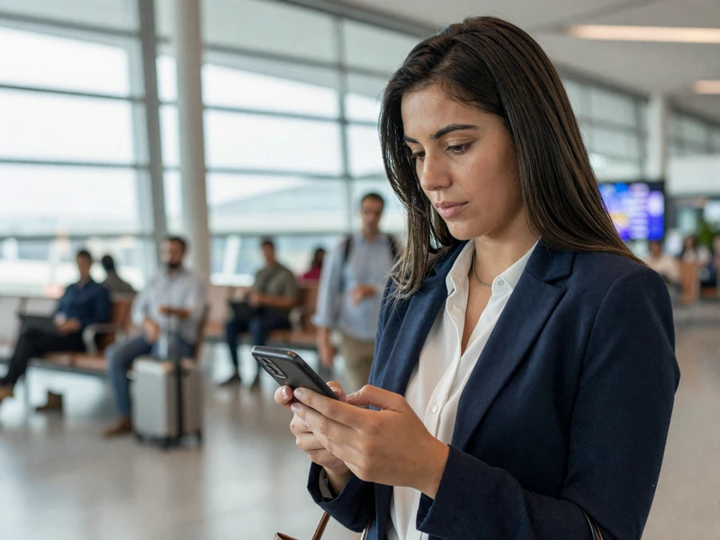 Latina woman in a navy blazer checking her phone in a busy airport terminal