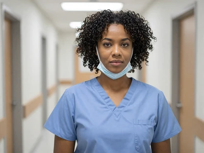 Black female surgeon in scrubs in a hospital corridor