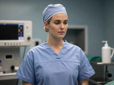 White female nurse anesthetist in surgical attire in an operating room