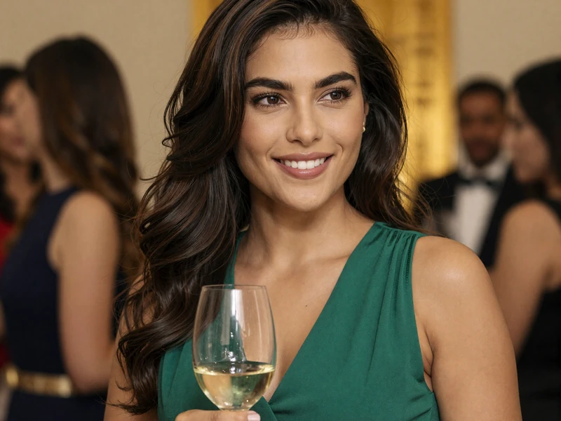 Latina woman in an elegant dress smiling at a networking event