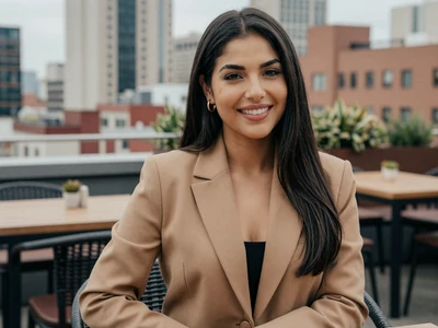 Latina woman in a blazer enjoying coffee at a rooftop café