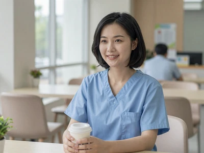 Asian woman in scrubs smiling in a hospital cafeteria