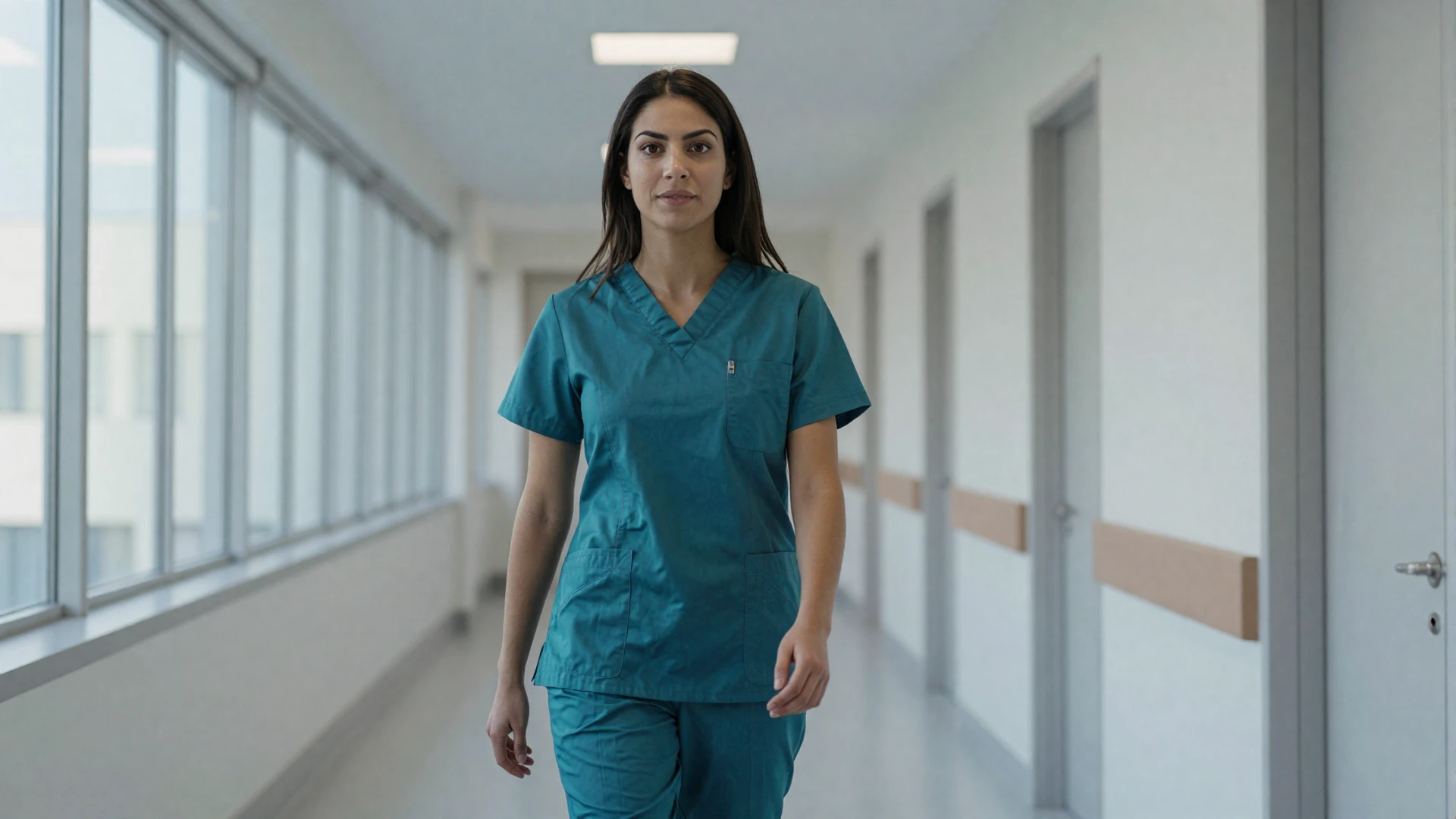Female nurse in modern fitted scrubs in a bright hospital corridor during morning shift