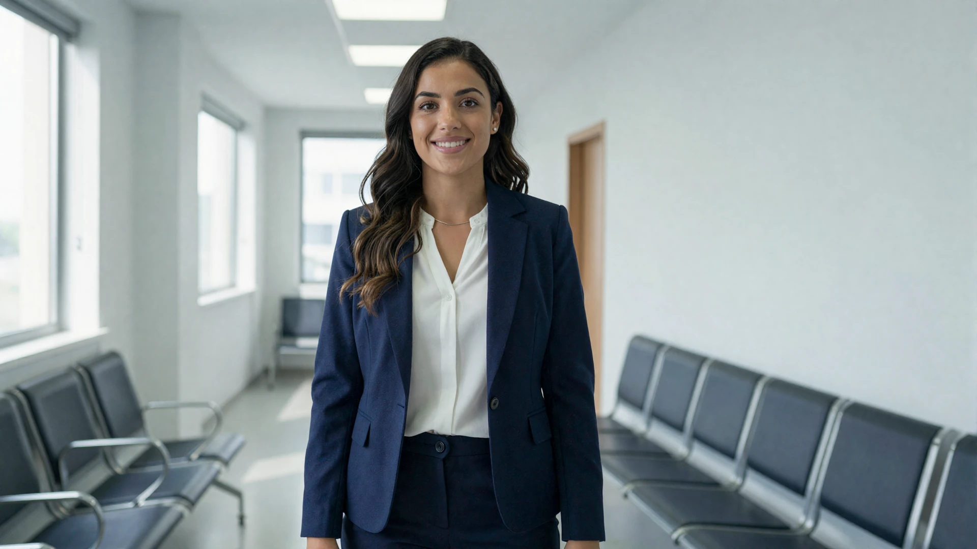Female family doctor standing confidently in a bright modern clinic waiting area