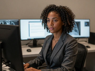 Female radiologist in a charcoal blazer in a modern reading room