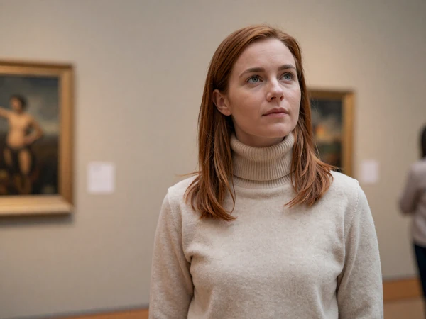 Woman in a turtleneck sweater at a museum exhibit, candid moment