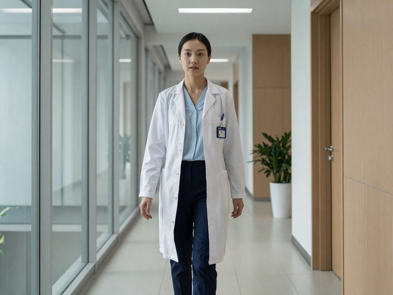 Female surgeon walking confidently through a bright modern office hallway