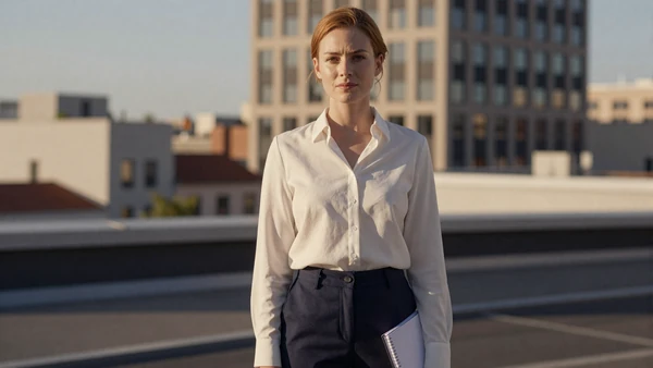 Woman in smart-casual attire on a city rooftop at golden hour holding a notebook