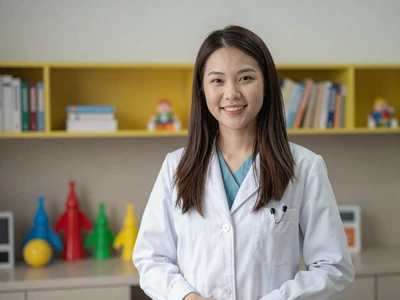 Asian female pediatrician in a colorful office