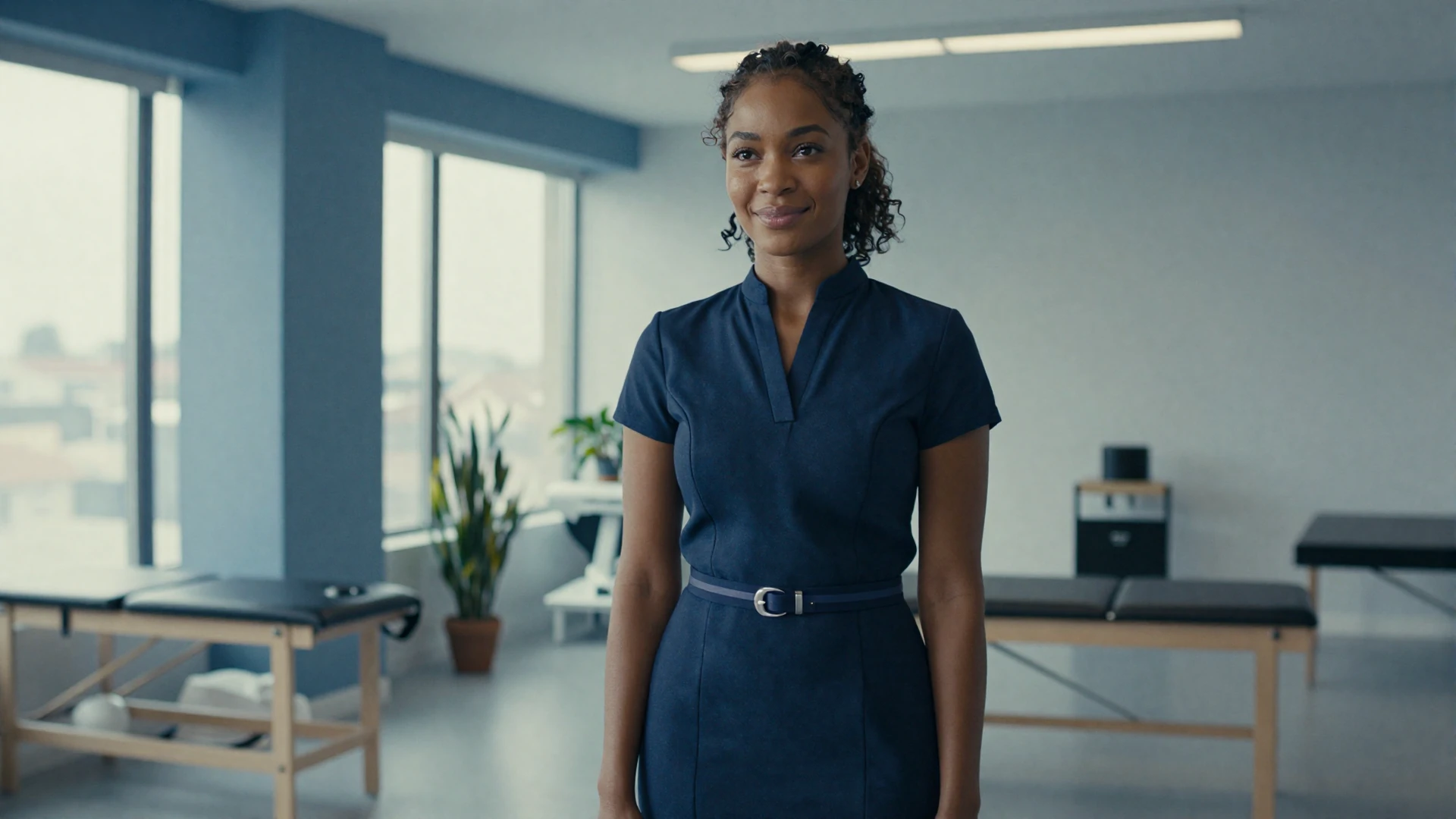 Female occupational therapist in a navy dress standing confidently in a bright modern rehabilitation center
