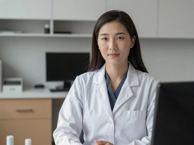 Asian female physician assistant in a white coat in a clinic room