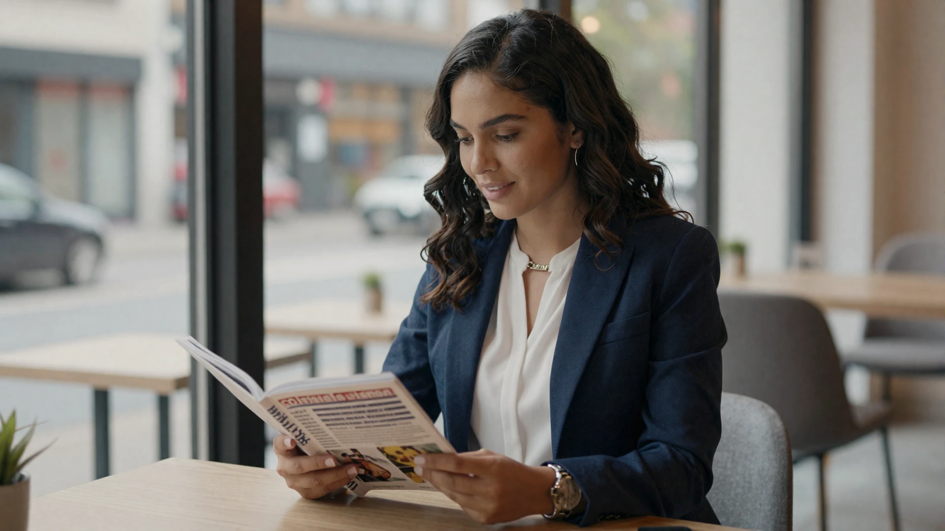 Female doctor in a navy blazer reading a journal at a sunlit cafe table